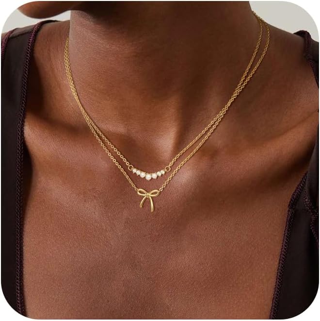 Risamil Store 14K Gold Plated Necklace for Women - Bow Necklace - Dainty Necklace Cute Small Tiny Bow Pendant Choker Chain Necklace Trendy Necklaces for Women Jewelry Gift - Image 1